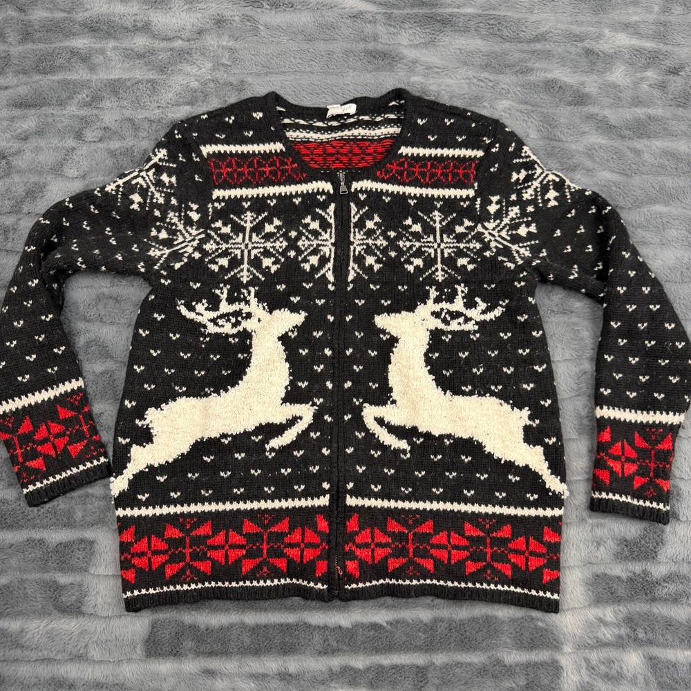 J. Jill Reindeer Fair Isle Full Zip Cardigan Sweater Black Red White Women XS